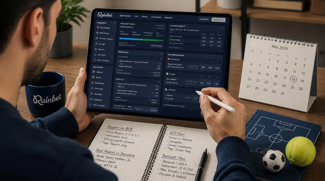 Sportwetten-Budget mit Einsatzplan, Quotenanalyse und dokumentierten Einzelwetten auf einem Tablet