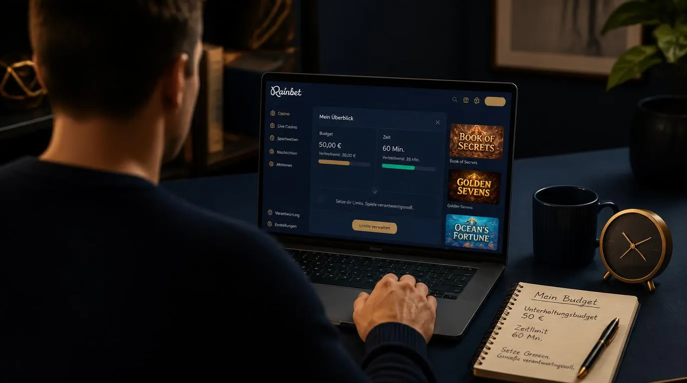 Spieler betrachtet Budgetübersicht und Spielzeit auf einem Laptop vor einer Casino-Spieloberfläche