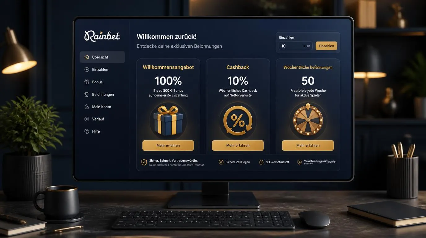 Bonusübersicht mit Willkommensangebot, Cashback und wöchentlichen Vorteilen auf einer Casino-Benutzeroberfläche