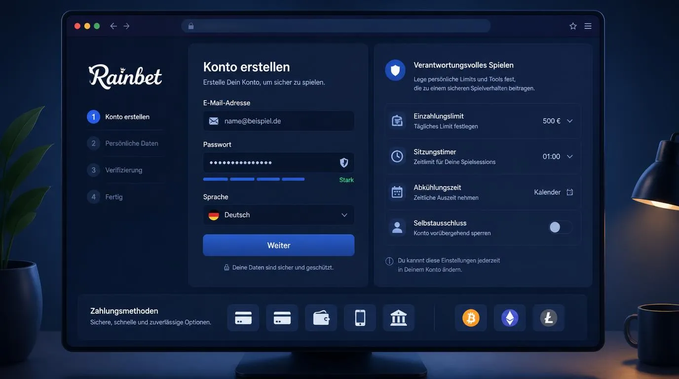 Registrierungsformular eines Online-Casinos mit Passwortfeld, Sprachwahl und Sicherheitseinstellungen