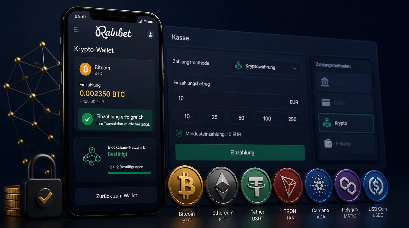 Smartphone mit Krypto-Wallet und bestätigter Blockchain-Einzahlung im Casino-Kassenbereich