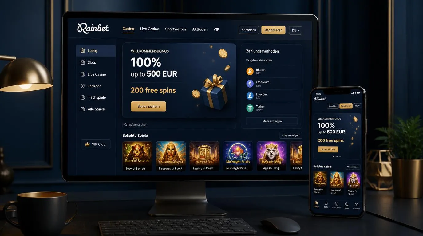Casino-Oberfläche mit Willkommensbonus, Freispiele-Anzeige und Auswahl verschiedener Kryptowährungen
