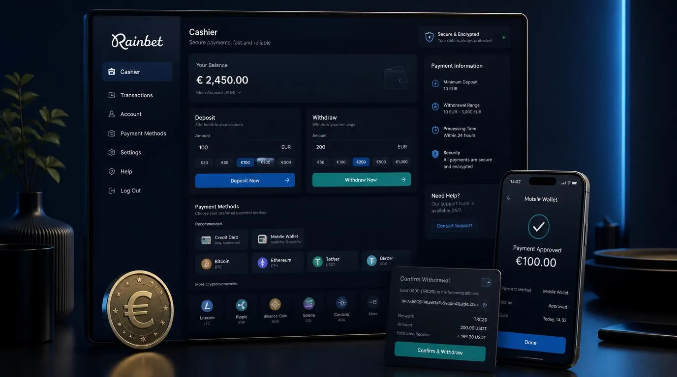 Casino-Kasse mit Euro, Karten, mobilen Wallets und Kryptowährungen für Ein- und Auszahlungen