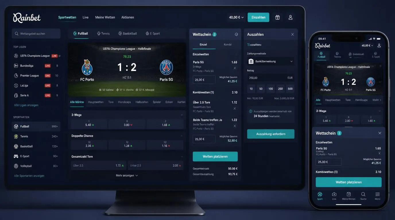 Sportwetten-Oberfläche mit Live-Quoten, Kombischein und ausgewählten Fußballmärkten