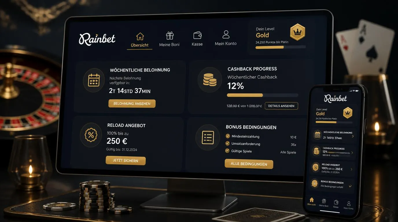 Casino-Dashboard mit Cashback-Anzeige, Wochenbonus und übersichtlichen Angebotskarten