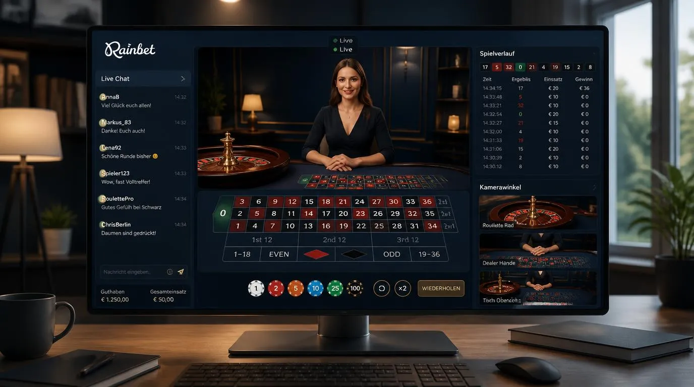 Live-Casino-Oberfläche mit Dealer-Tisch, Chatfenster, Einsatzhistorie und mehreren Kameraansichten